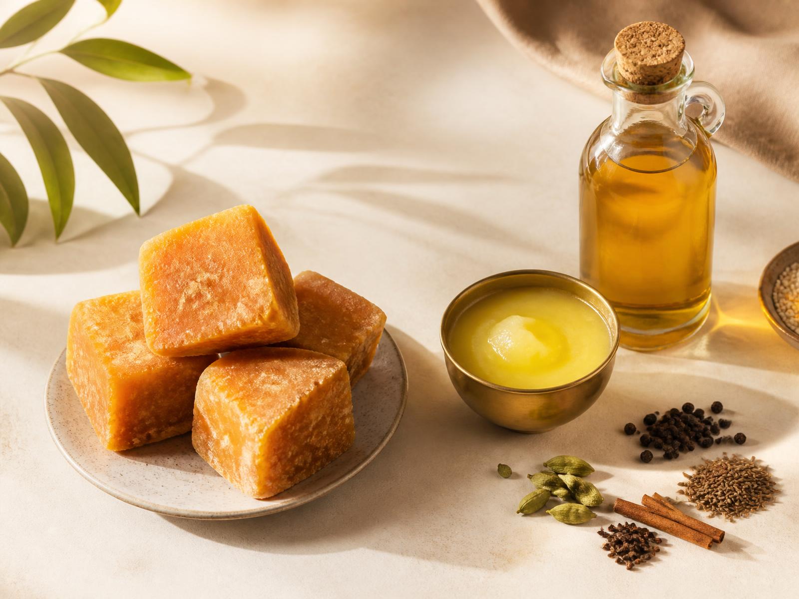 Organic jaggery, pure ghee, cold-pressed oil and whole spices in natural light