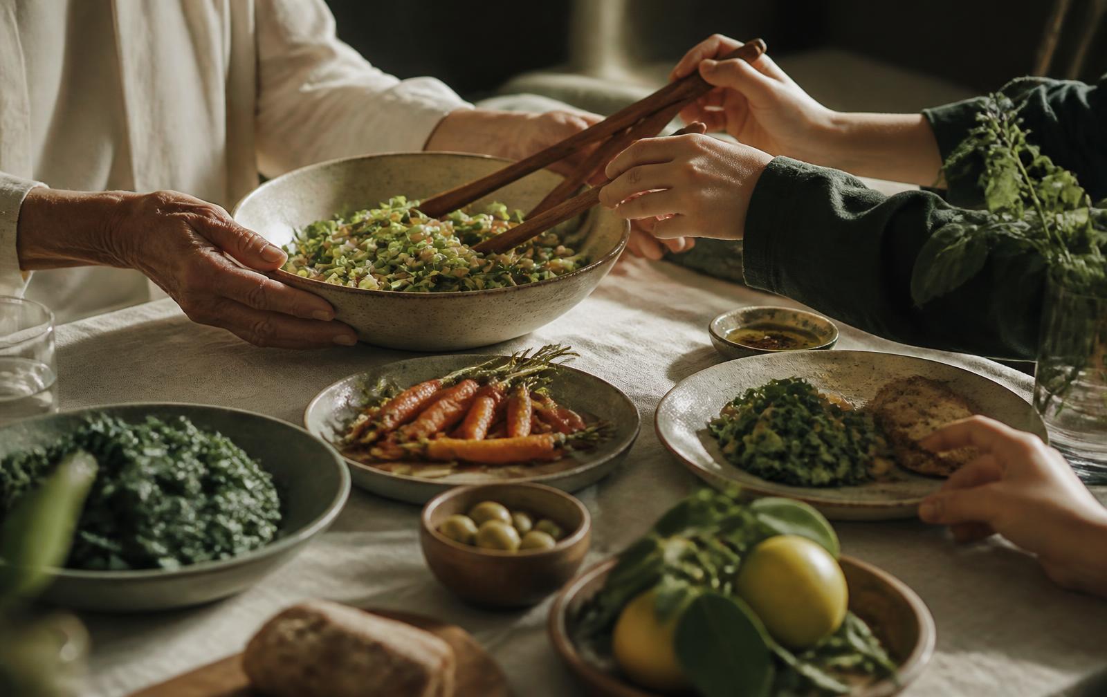 Two generations sharing a meal of natural whole foods